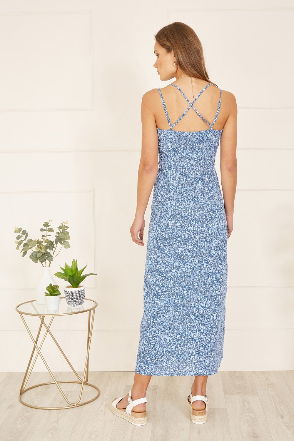 Mela Blue Ditsy Print Midi Dress With Side Split