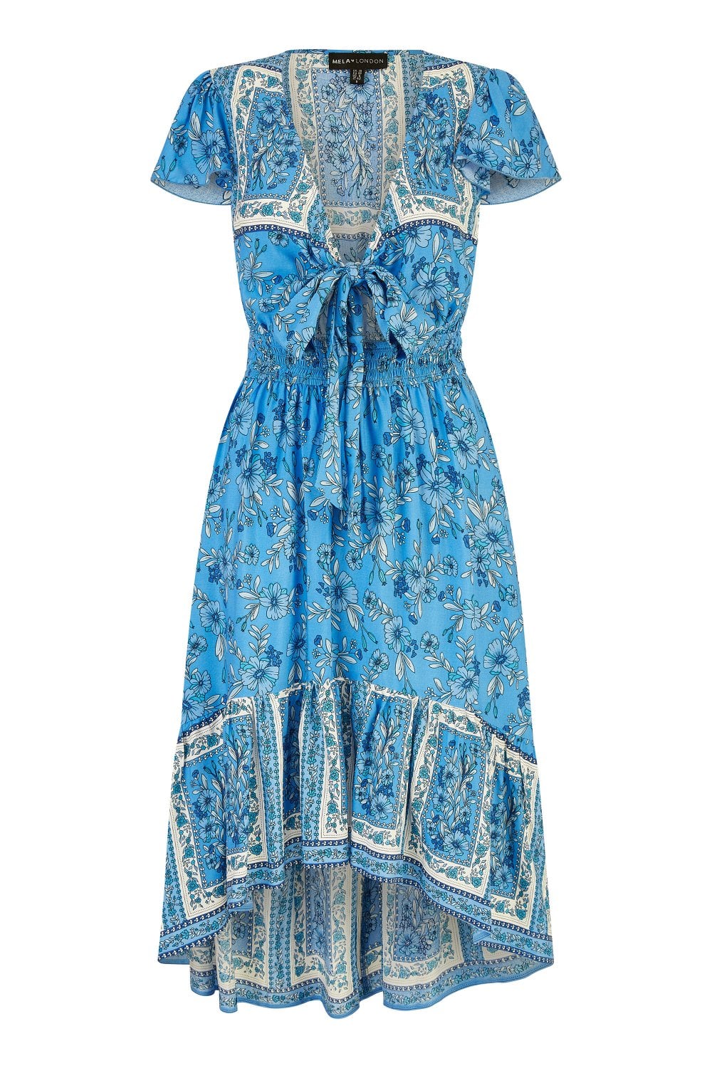 Mela Blue Ditsy Print Sun Dress With Cross Over Back Tie Front And Dip Hem