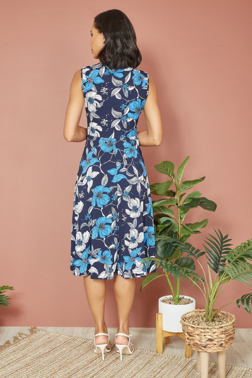 Mela Blue Floral Print Stretch Wrap Over Midi Dress With Pockets
