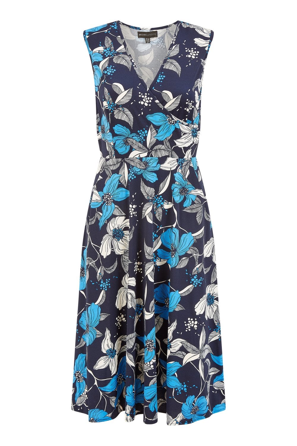 Mela Blue Floral Print Stretch Wrap Over Midi Dress With Pockets