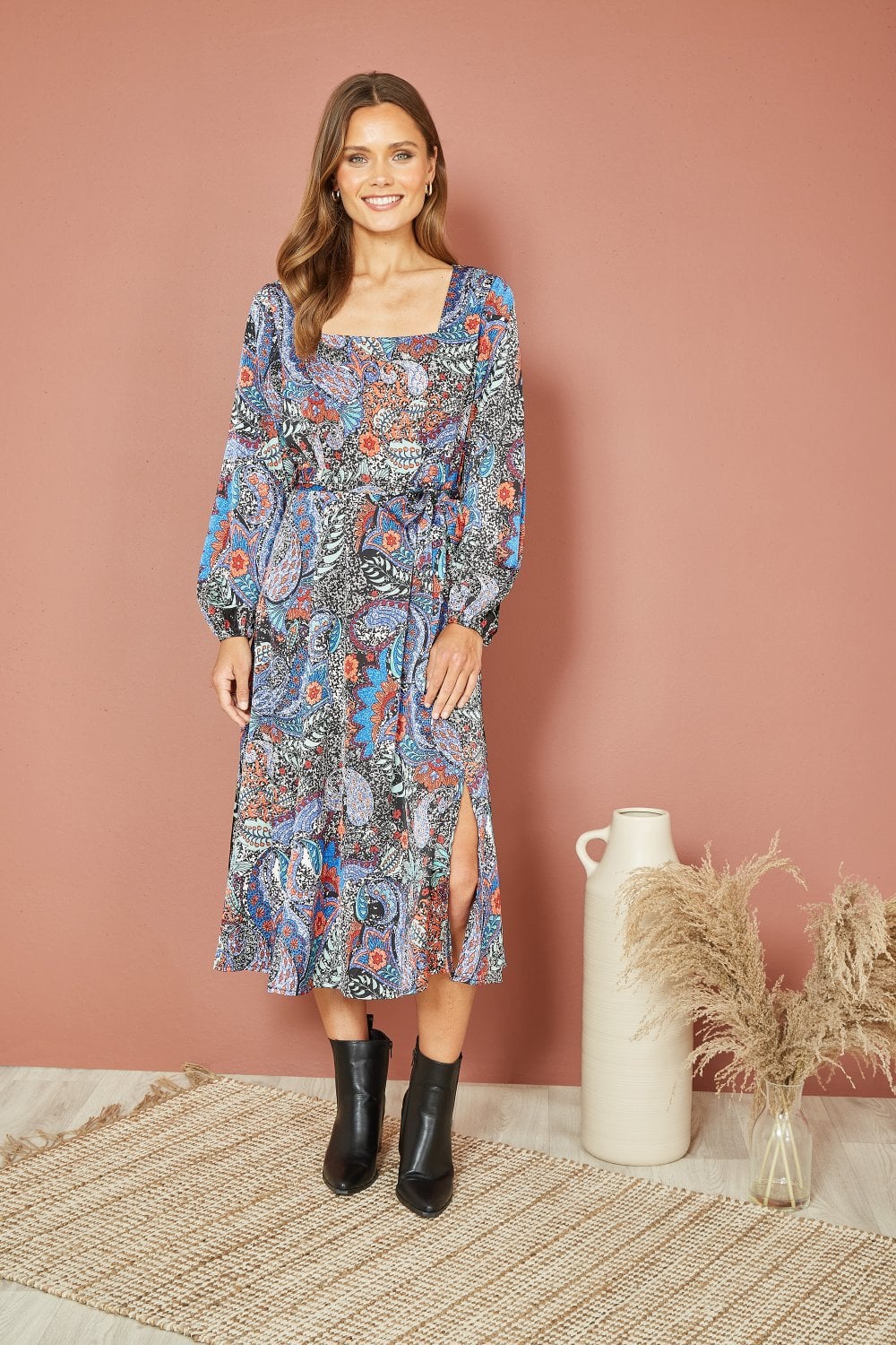 Mela Blue Paisley Print Long Sleeve Midi Dress