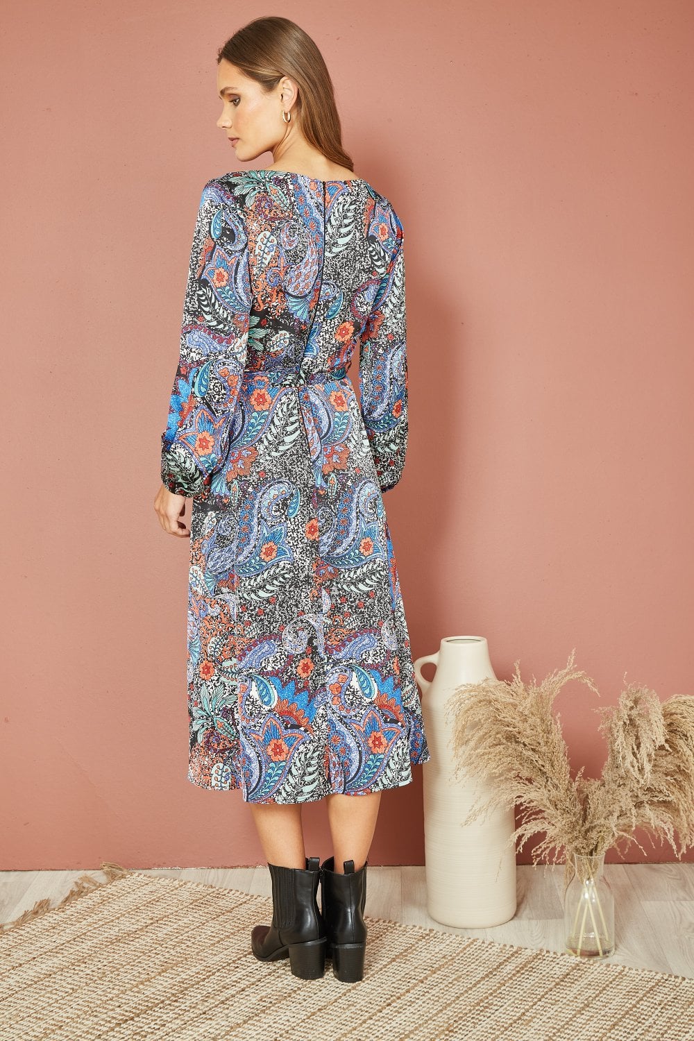 Mela Blue Paisley Print Long Sleeve Midi Dress