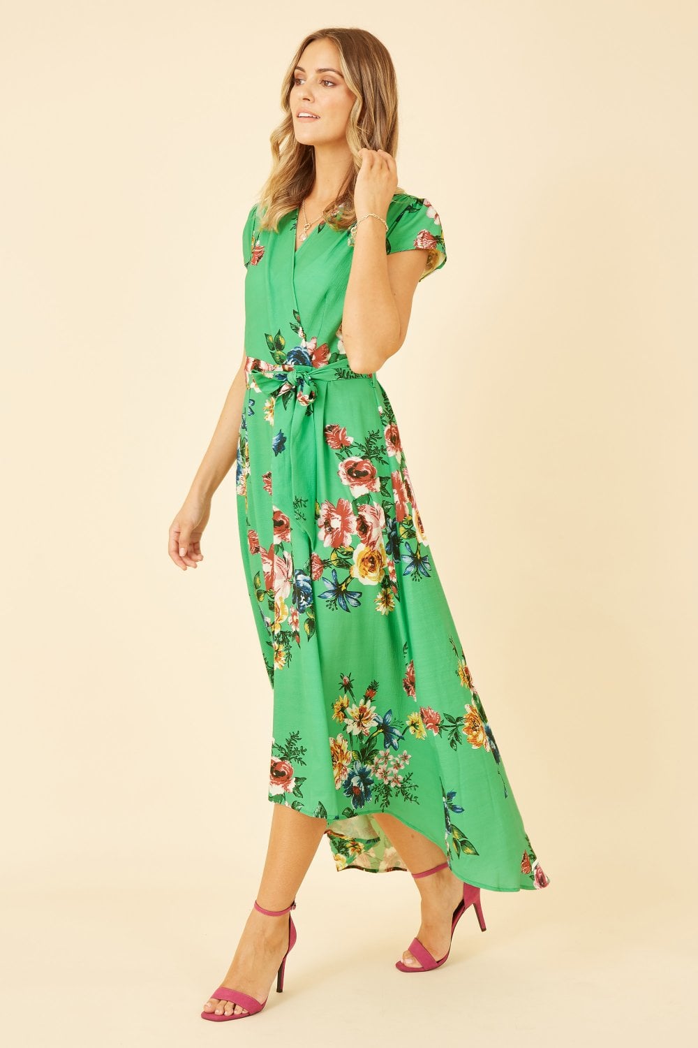 Mela Green Bright Floral Dip Hem Wrap Midi Dress