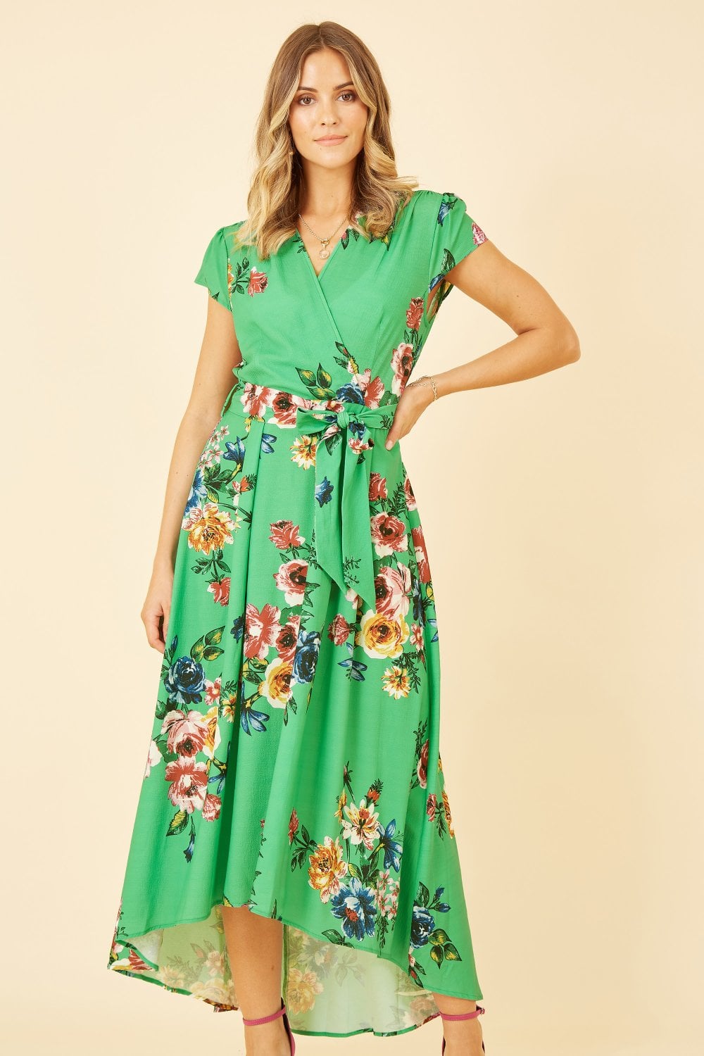 Mela Green Bright Floral Dip Hem Wrap Midi Dress