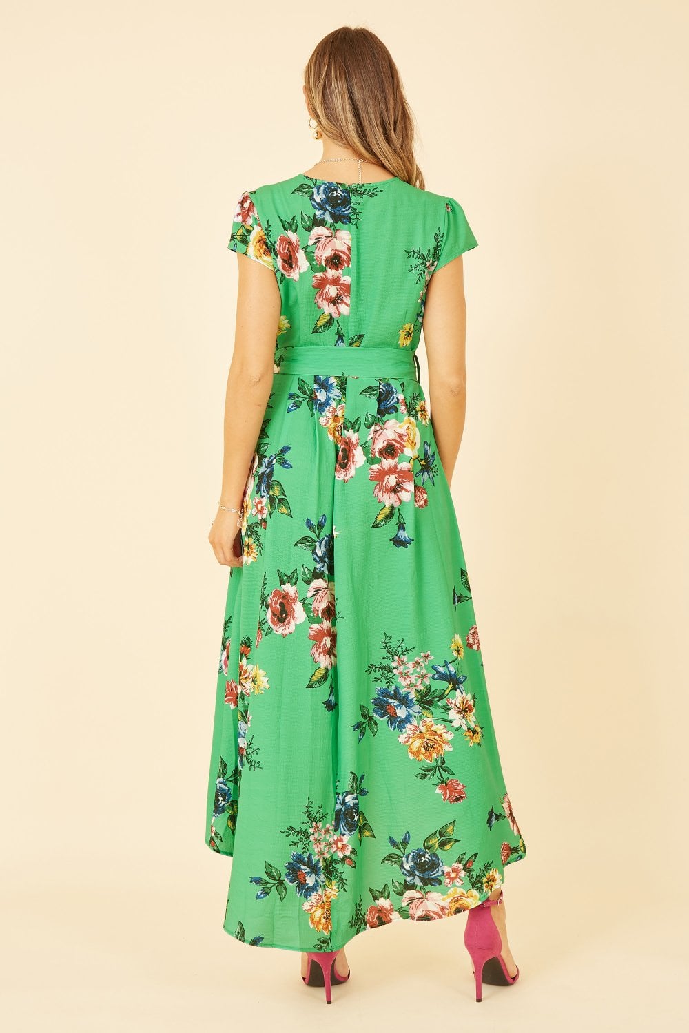 Mela Green Bright Floral Dip Hem Wrap Midi Dress