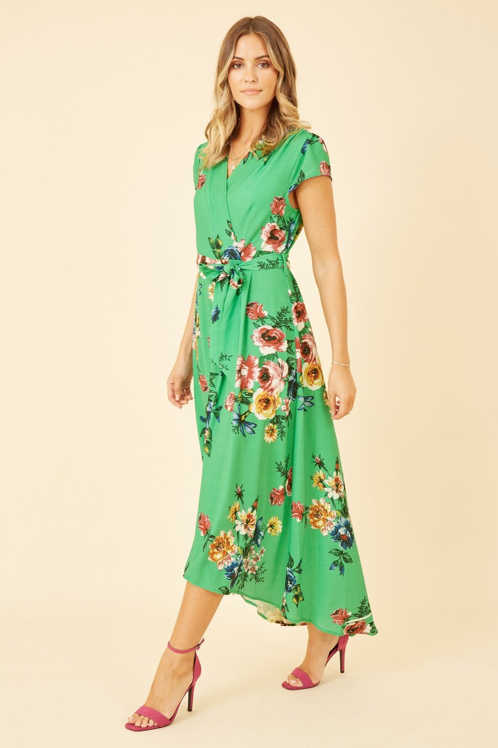 Mela Green Bright Floral Dip Hem Wrap Midi Dress
