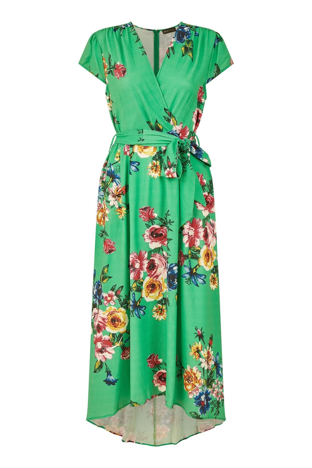 Mela Green Bright Floral Dip Hem Wrap Midi Dress