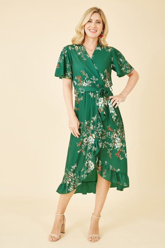 Mela Green Floral Dip Hem Wrap Midi Dress