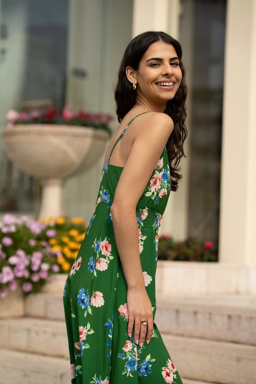 Mela Green Floral High Low Frill Midi Dress