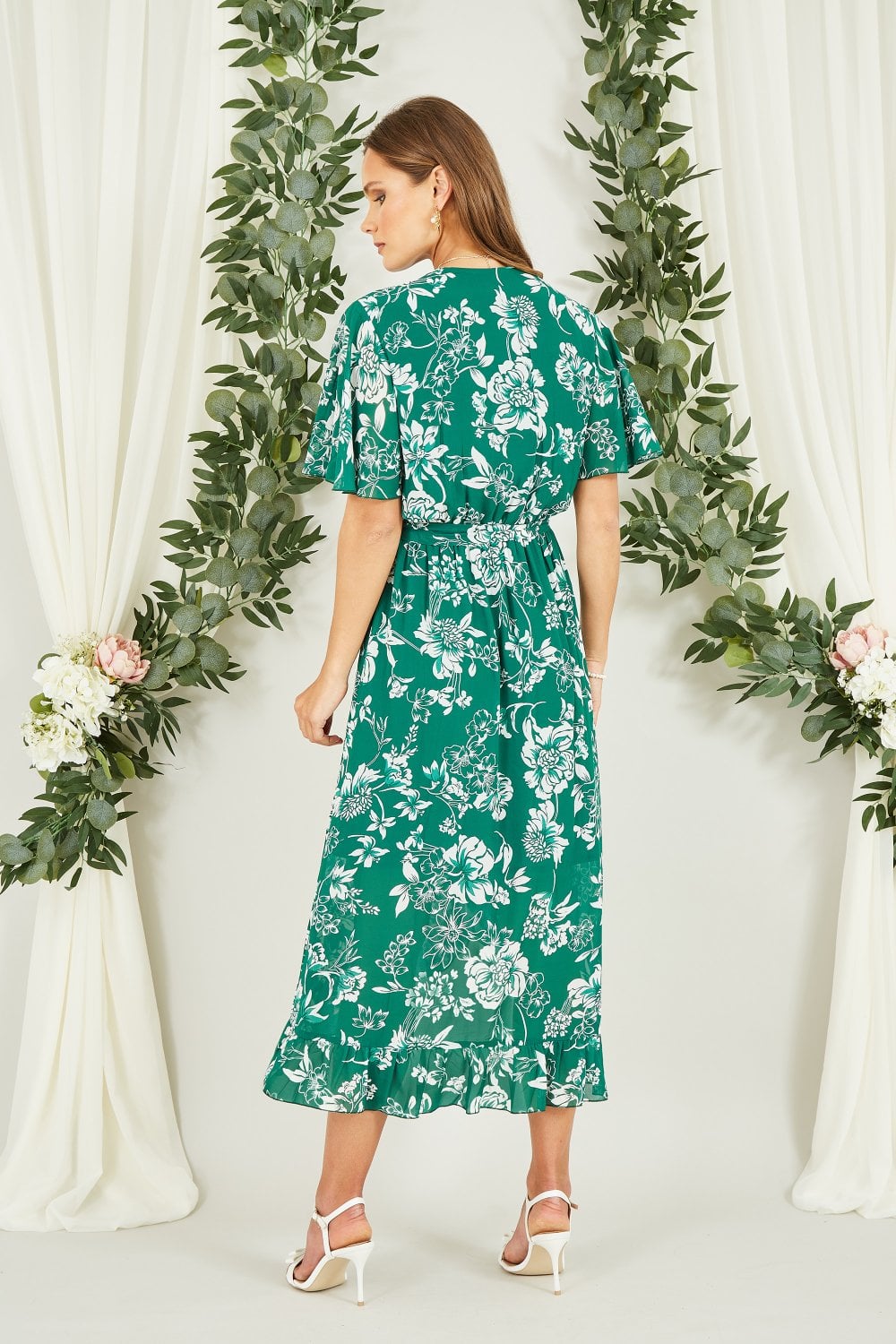 Mela Green Floral Wrap Midi Dress With Frill Detail
