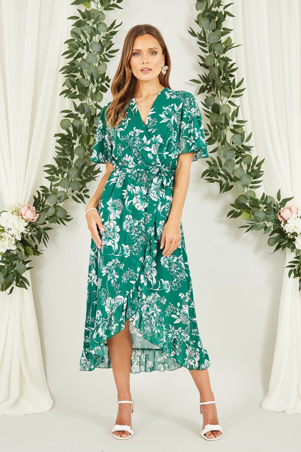 Mela Green Floral Wrap Midi Dress With Frill Detail