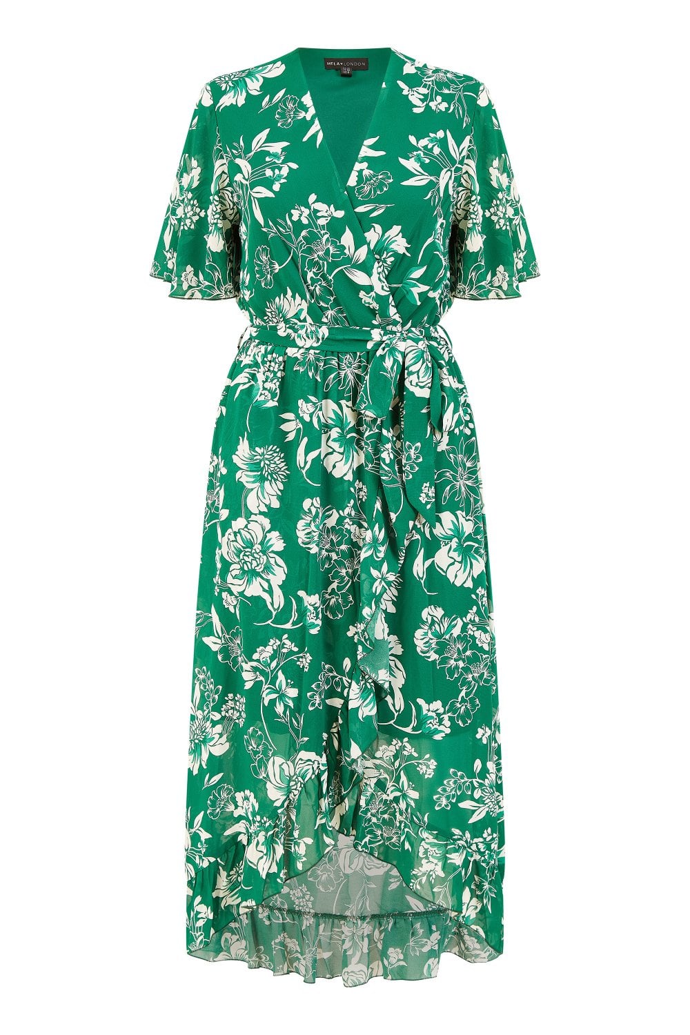 Mela Green Floral Wrap Midi Dress With Frill Detail