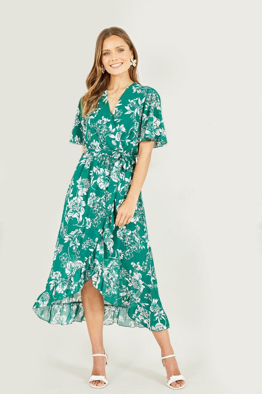 Mela Green Floral Wrap Midi Dress With Frill Detail