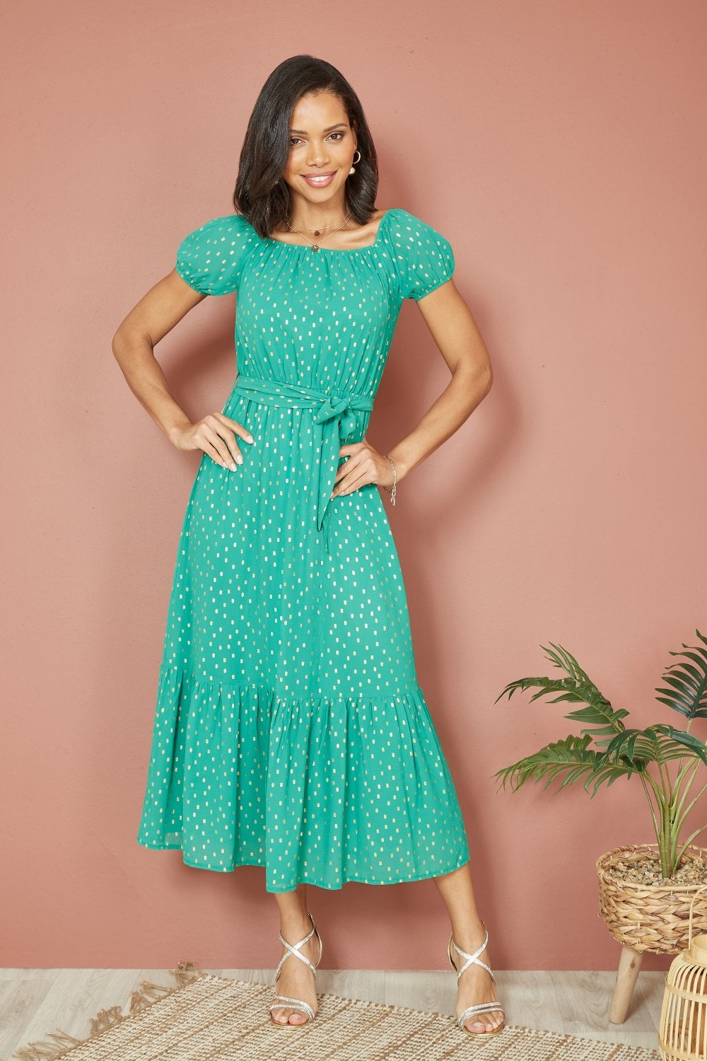 Mela Green Foil Print Bardot Midi Dress
