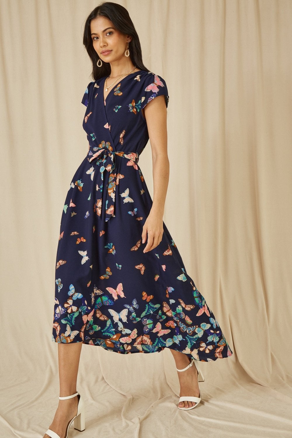 Mela Navy Butterfly Print Dip Hem Midi Wrap Dress
