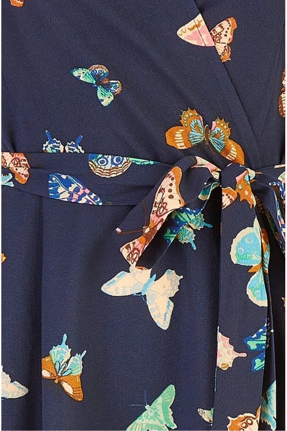 Mela Navy Butterfly Print Dip Hem Midi Wrap Dress