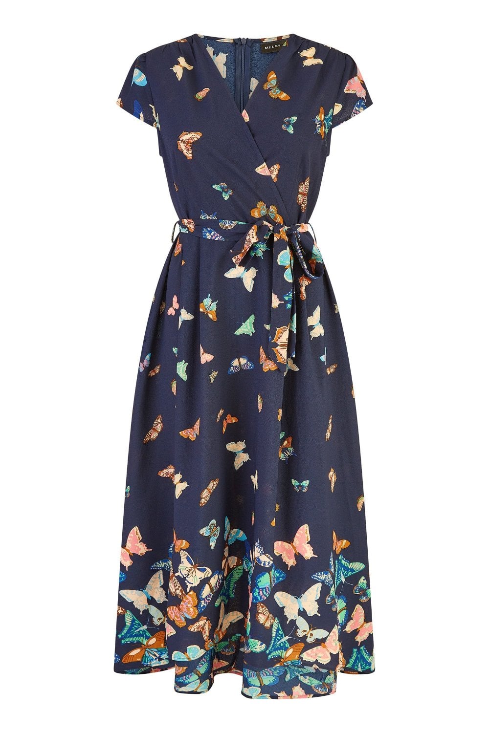 Mela Navy Butterfly Print Dip Hem Midi Wrap Dress