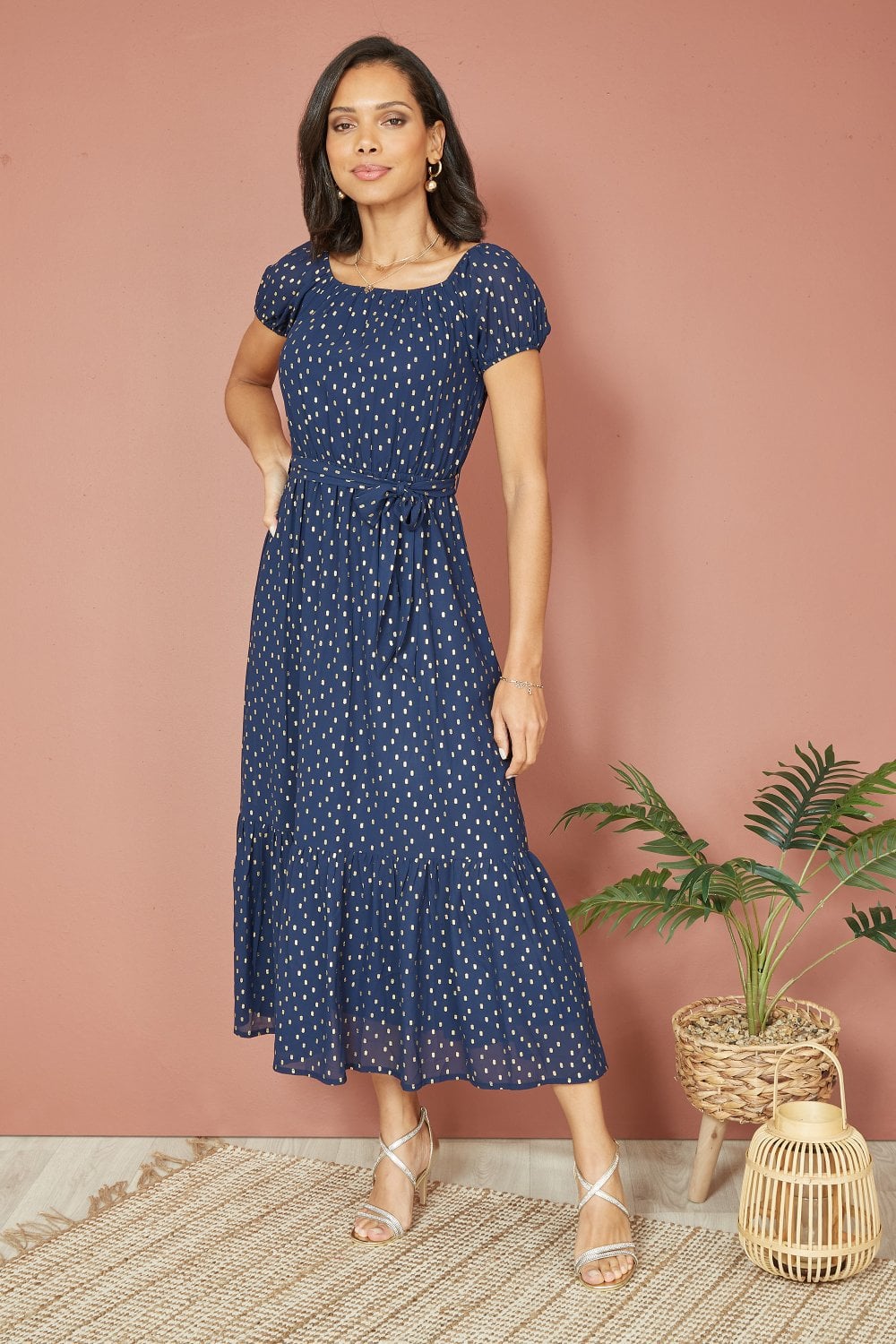 Mela Navy Foil Print Bardot Midi Dress