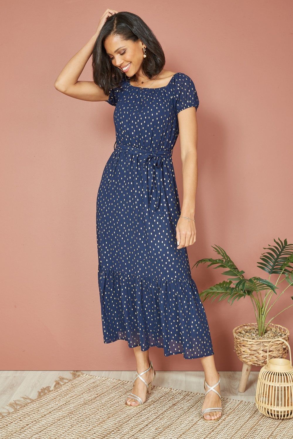 Mela Navy Foil Print Bardot Midi Dress