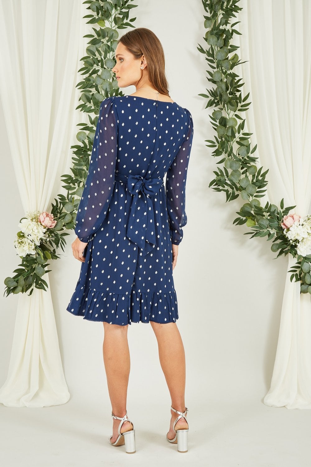 Mela Navy Foil Print Long Sleeve Skater Dress With Wrap Tie Waist