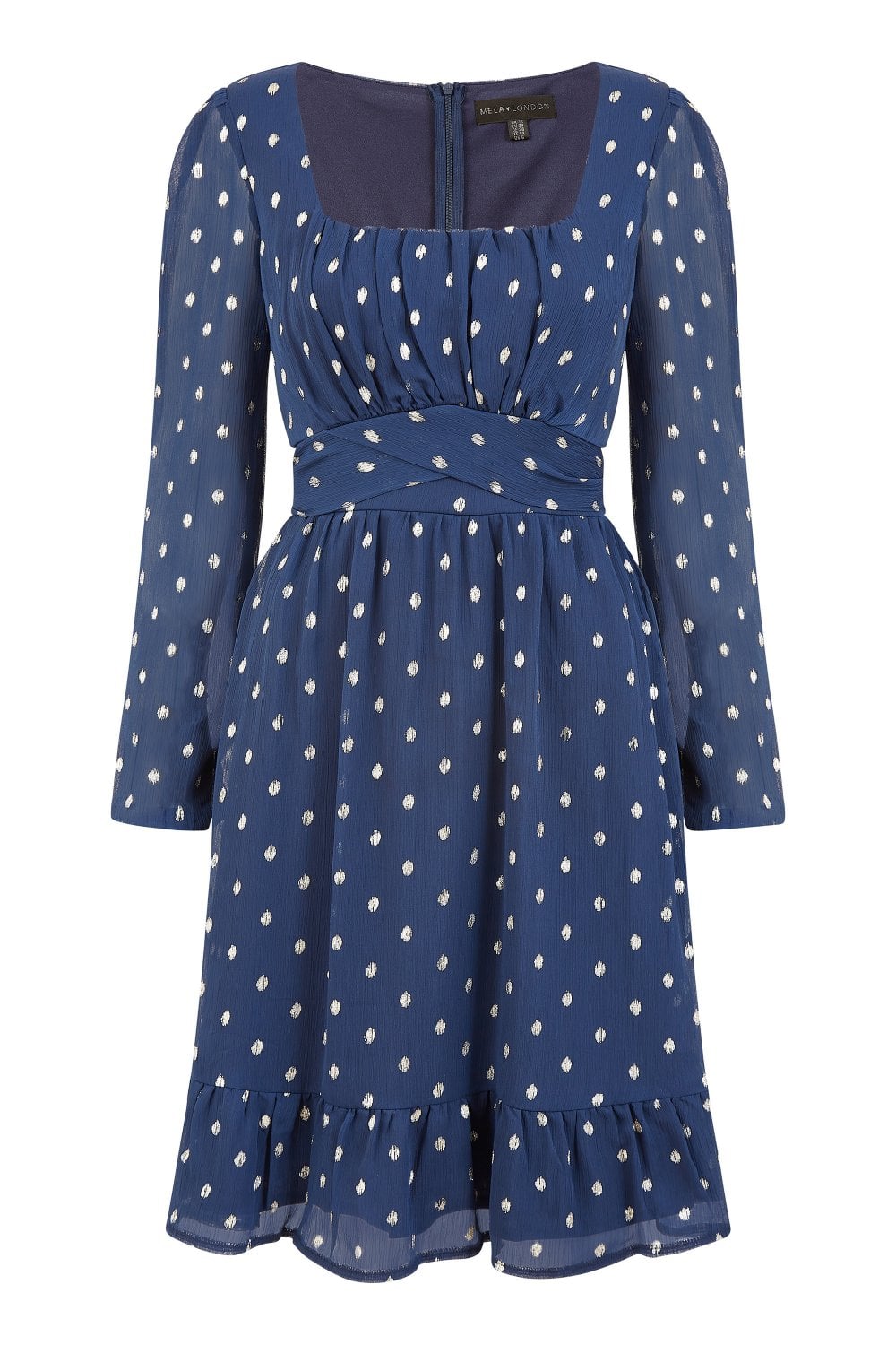 Mela Navy Foil Print Long Sleeve Skater Dress With Wrap Tie Waist
