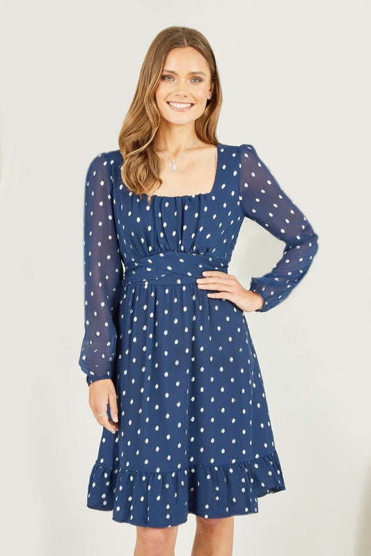 Mela Navy Foil Print Long Sleeve Skater Dress With Wrap Tie Waist