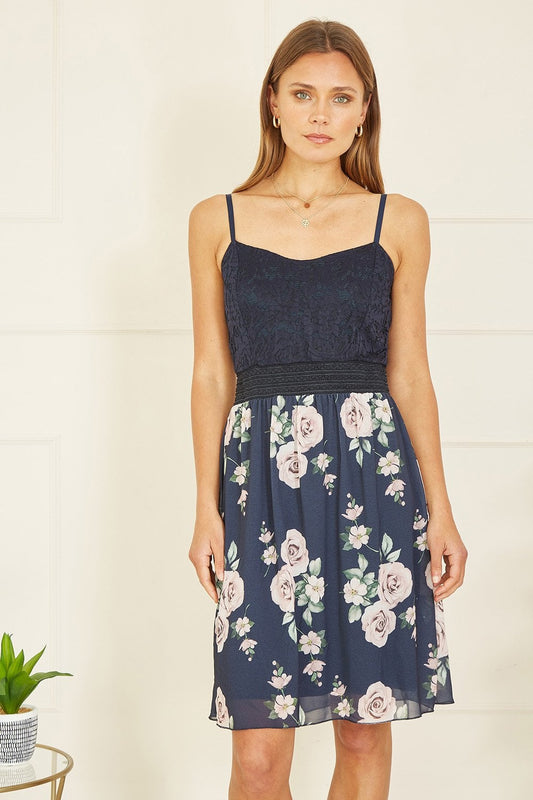 Mela Navy Lace Bodice Strappy Dress With Rose Print Skirt
