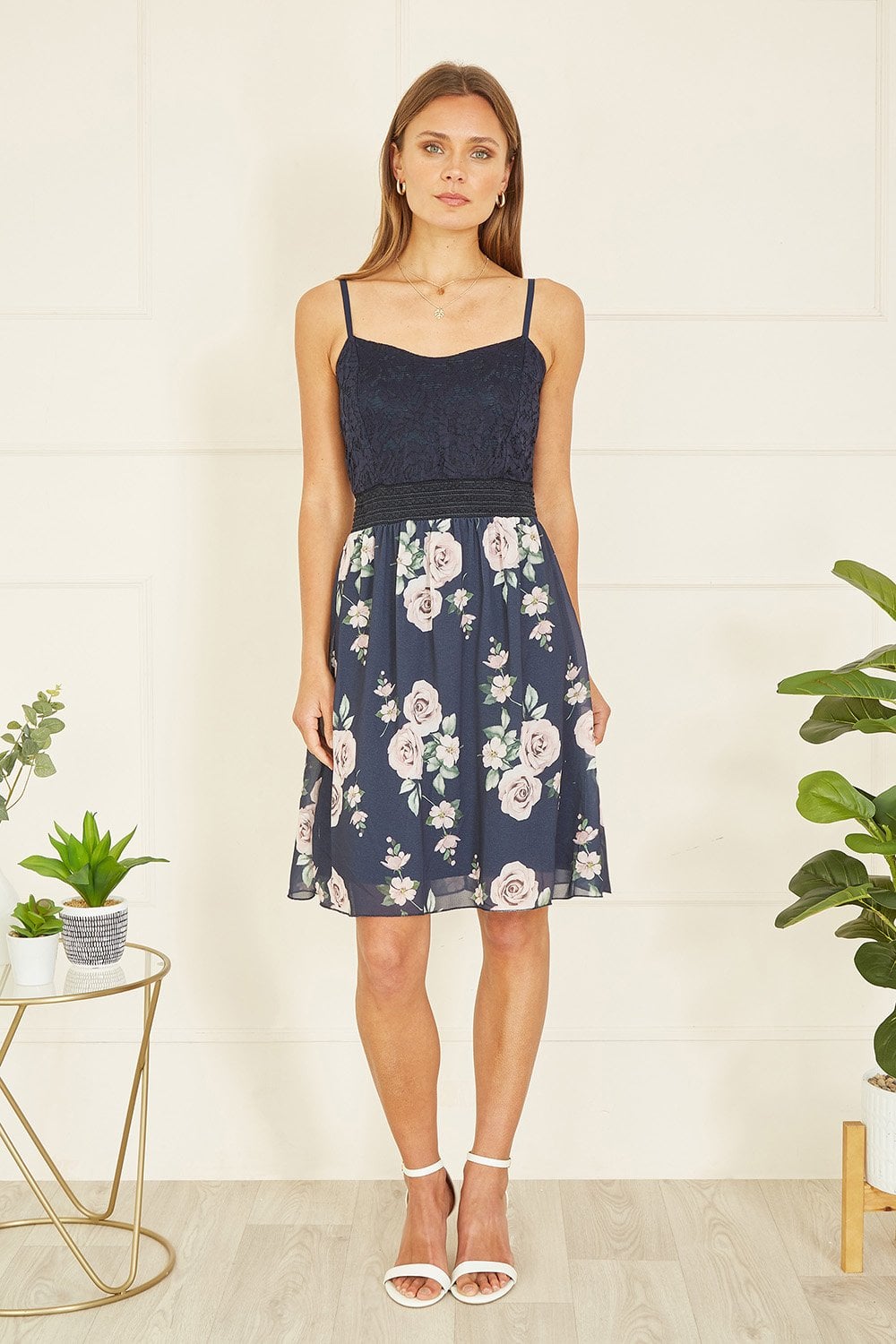 Mela Navy Lace Bodice Strappy Dress With Rose Print Skirt
