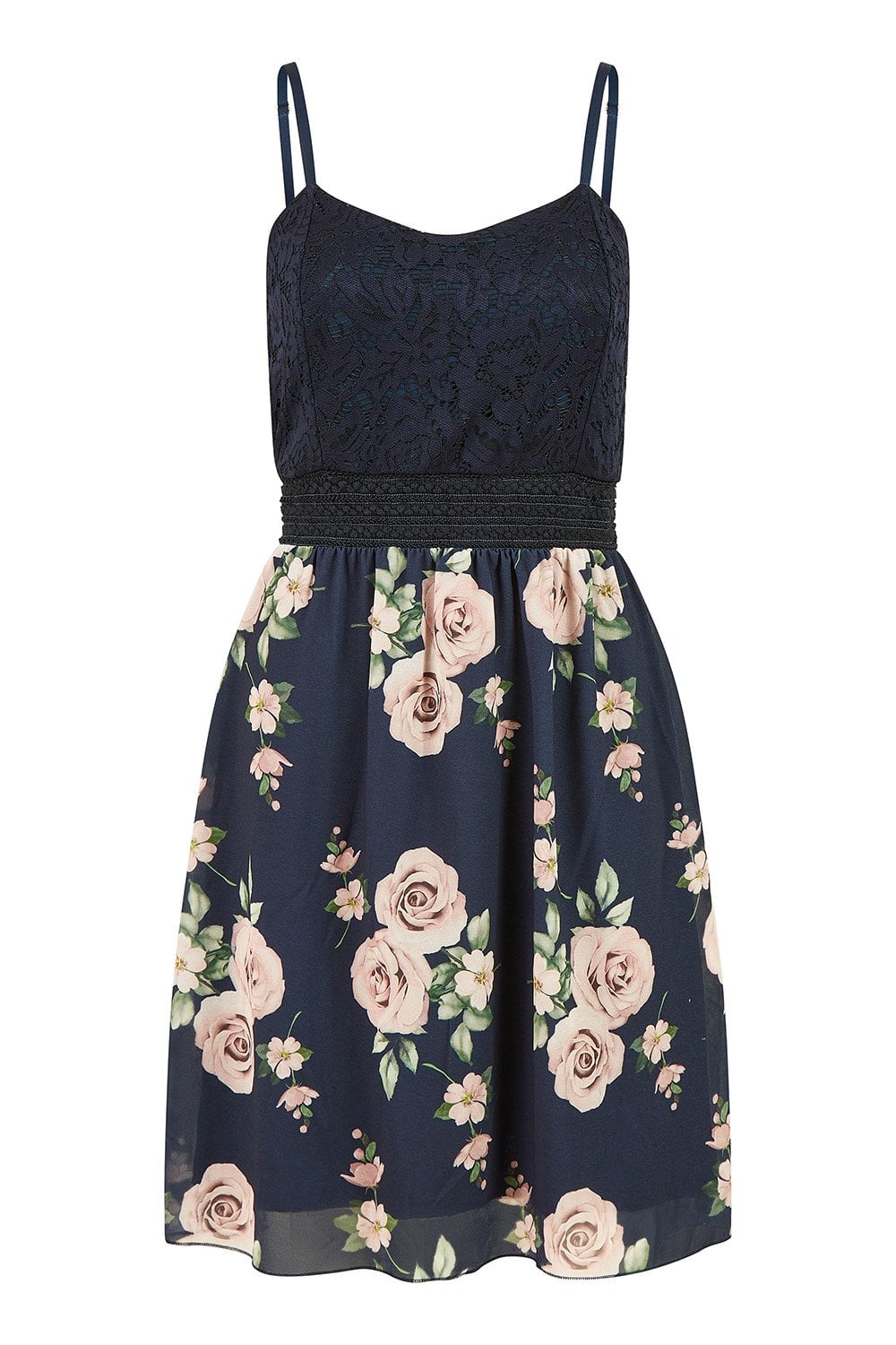 Mela Navy Lace Bodice Strappy Dress With Rose Print Skirt