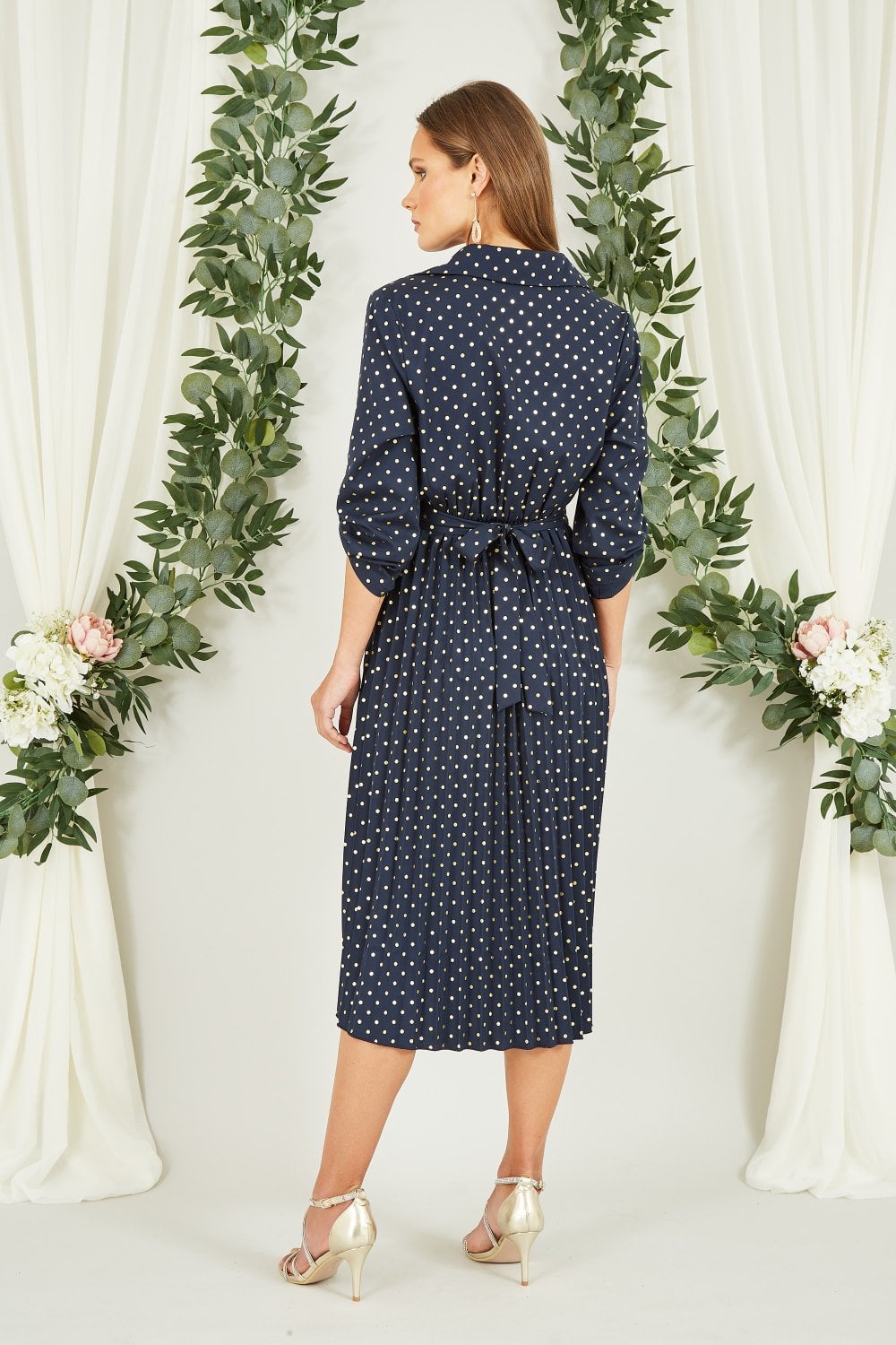 Mela Navy Spot Pleated Skirt Midi Dress With Gold Buckle