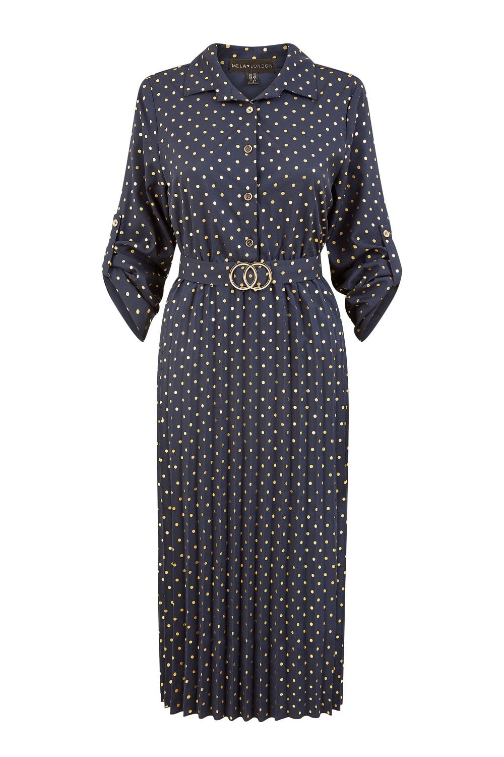 Mela Navy Spot Pleated Skirt Midi Dress With Gold Buckle