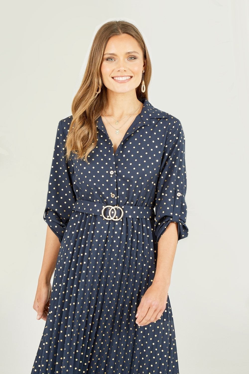 Mela Navy Spot Pleated Skirt Midi Dress With Gold Buckle