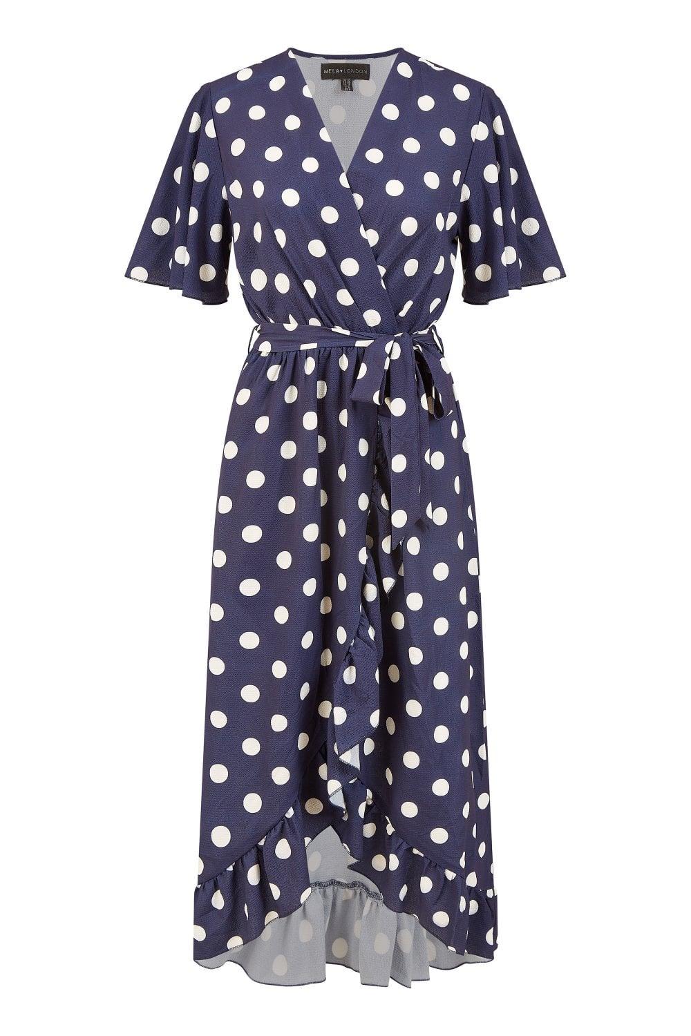Mela Navy Spot Print Wrap Midi Dress With Frill Detail