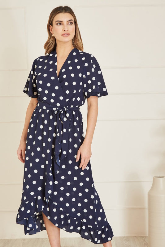 Mela Navy Spot Print Wrap Midi Dress With Frill Detail