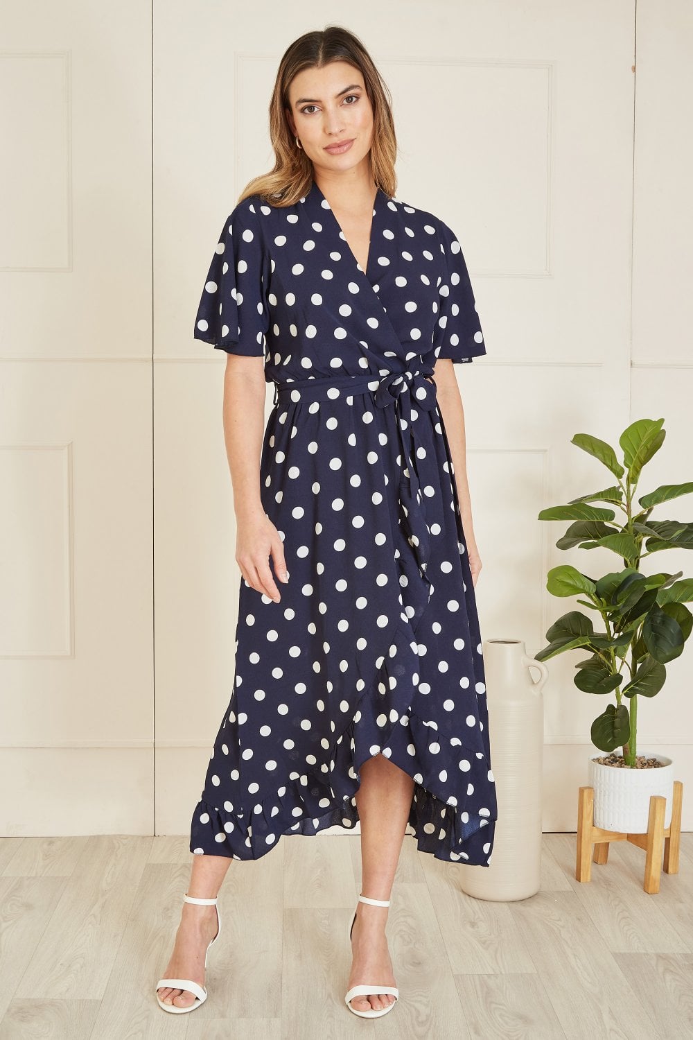 Mela Navy Spot Print Wrap Midi Dress With Frill Detail