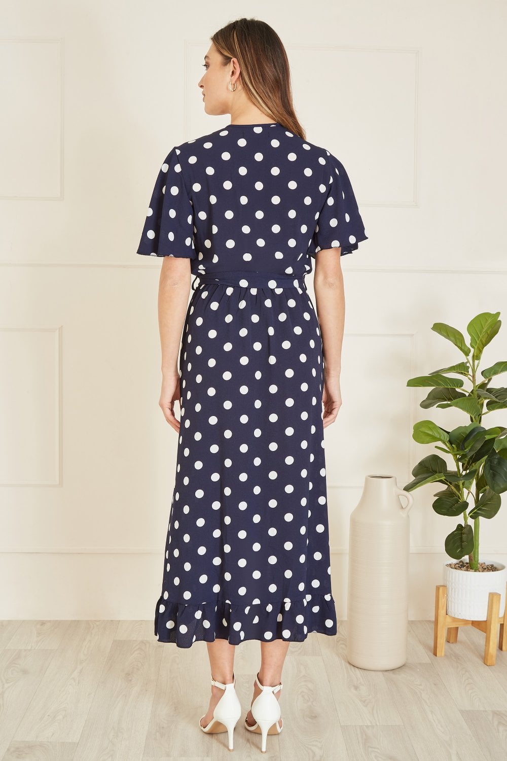 Mela Navy Spot Print Wrap Midi Dress With Frill Detail