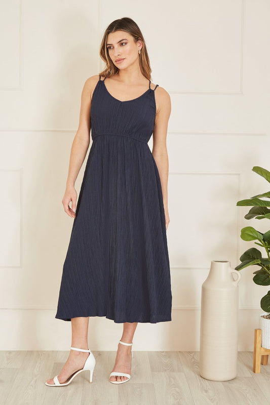 Mela Navy Stretch Crinkle Midi Dress With Cross Over Strappy Back