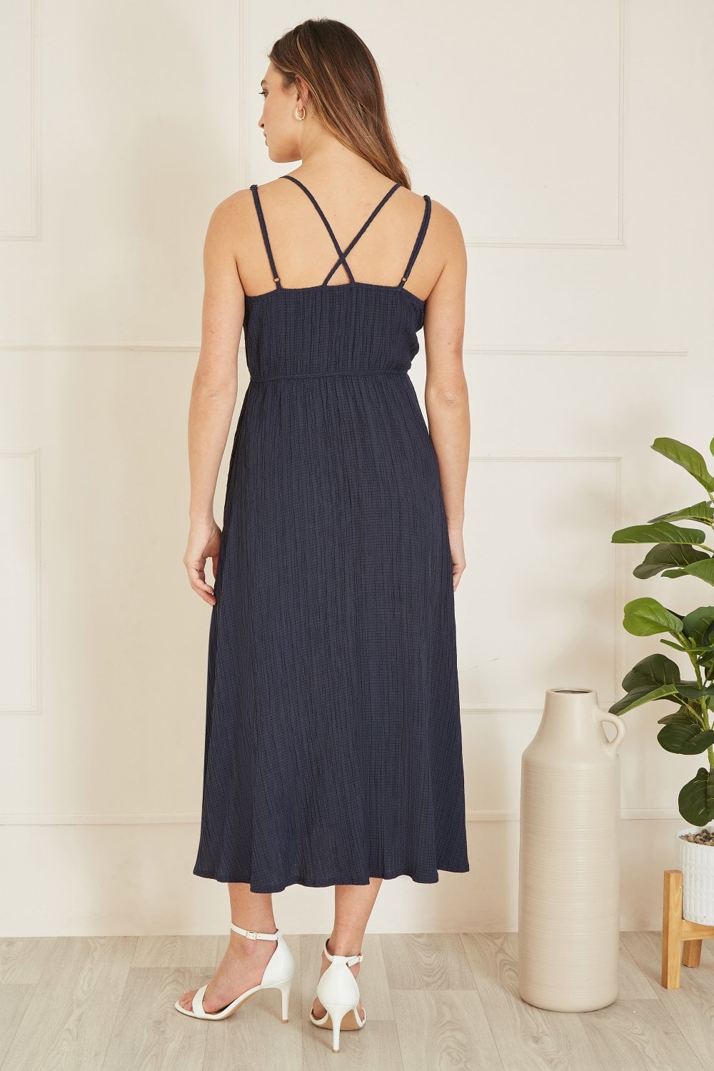 Mela Navy Stretch Crinkle Midi Dress With Cross Over Strappy Back