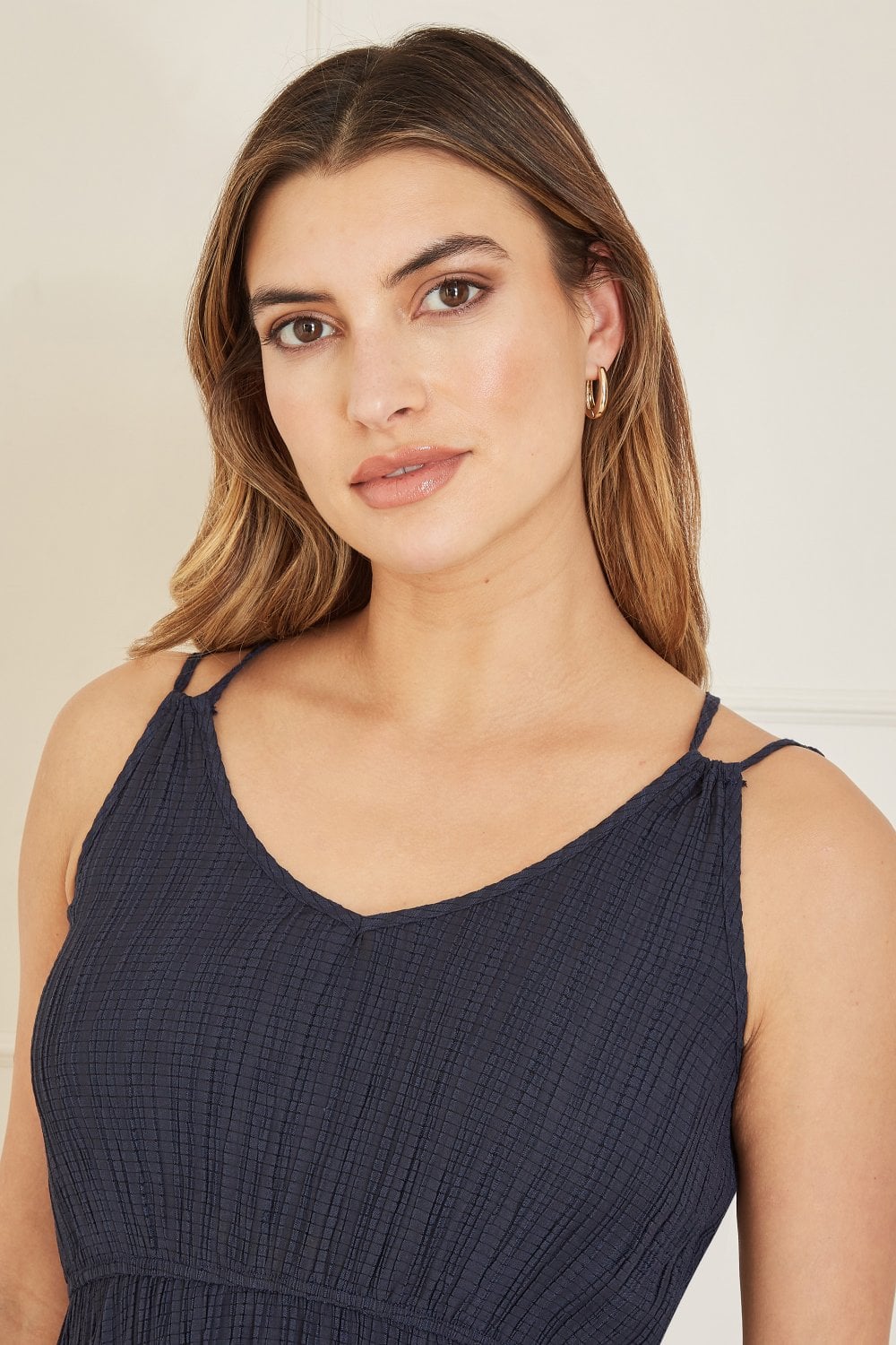 Mela Navy Stretch Crinkle Midi Dress With Cross Over Strappy Back