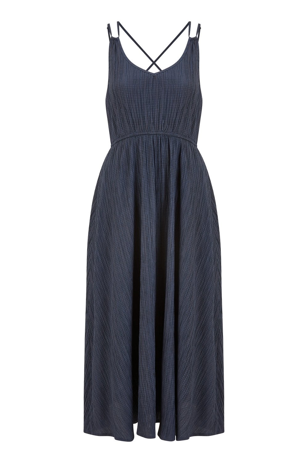 Mela Navy Stretch Crinkle Midi Dress With Cross Over Strappy Back