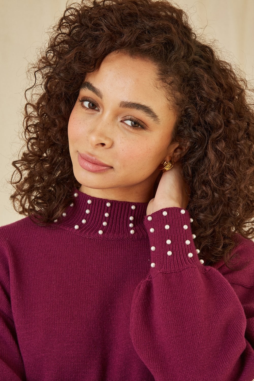 Mela Plum Pearl Detail Knitted Relaxed Jumper Dress