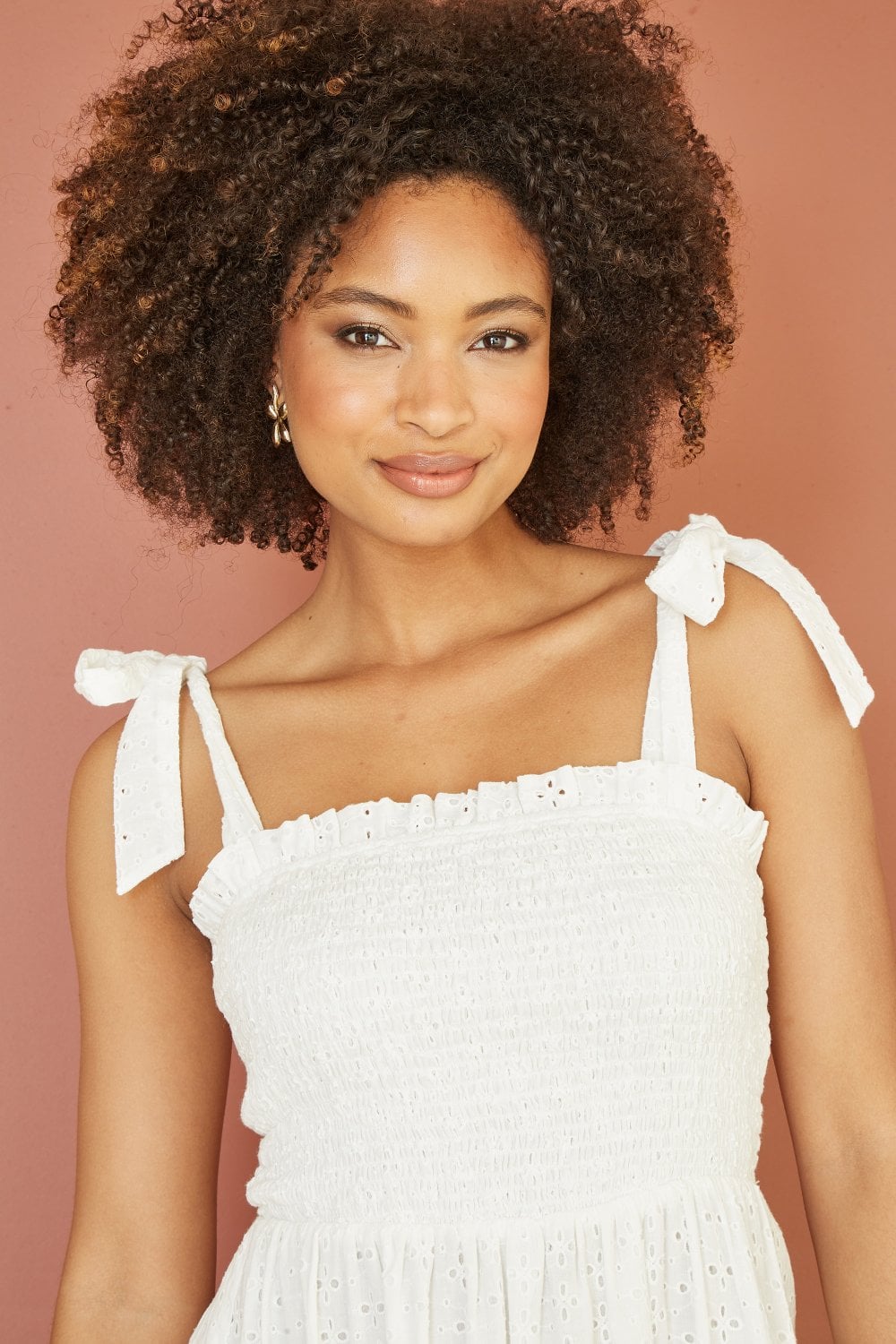 Mela White Broderie Anglaise Ruched Midi Sundress With Tie Sleeves