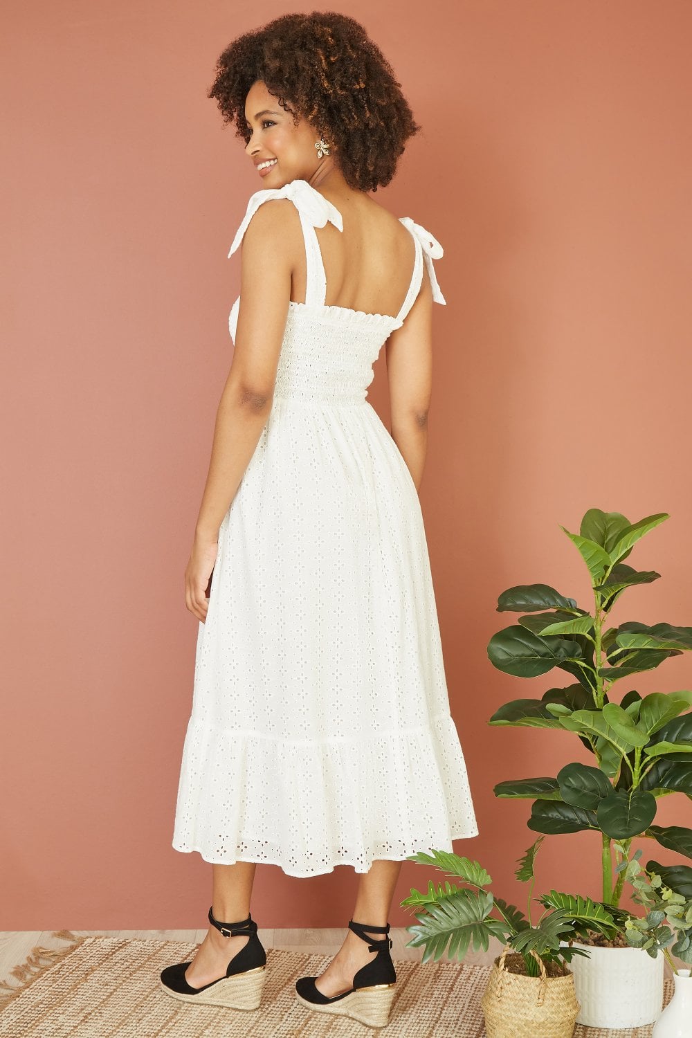 Mela White Broderie Anglaise Ruched Midi Sundress With Tie Sleeves