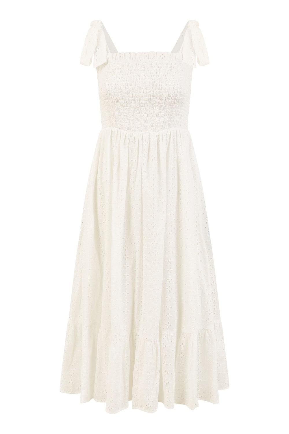 Mela White Broderie Anglaise Ruched Midi Sundress With Tie Sleeves