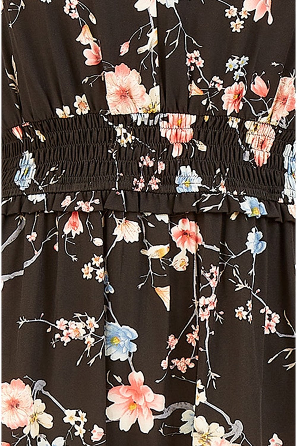 Yumi Black Blossom Floral Print Ruched Long Sleeves Midi Dress