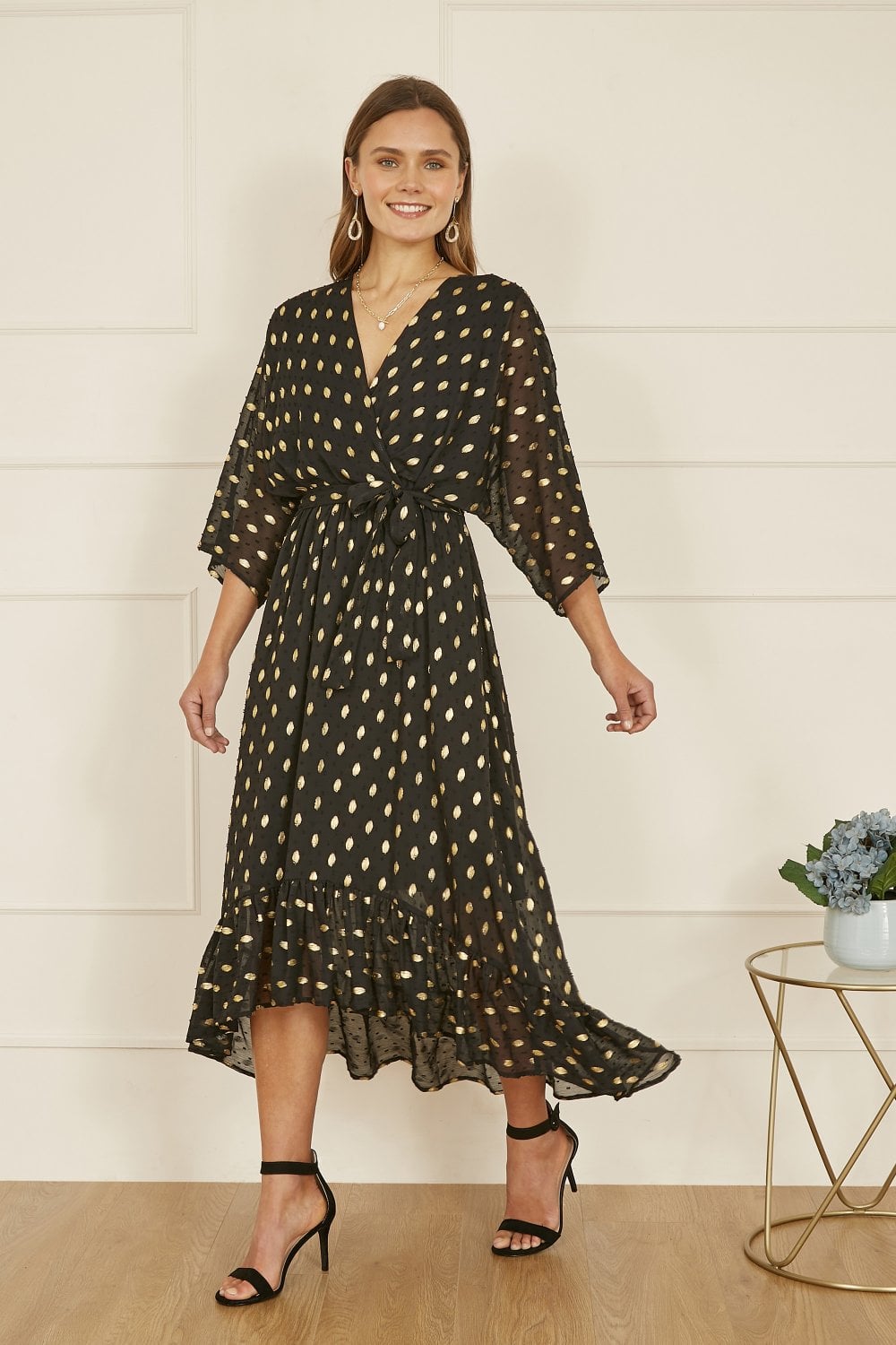 Yumi Black Foil Print Wrap Over Dip Hem Midi Dress