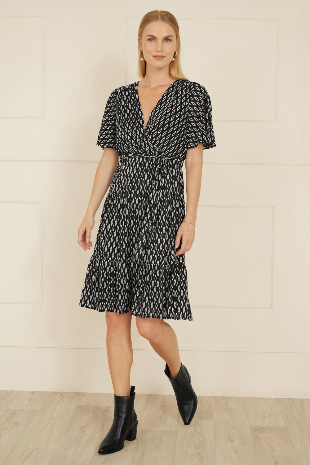 Yumi Black Geo Print Mesh Stretch Midi Skater Dress