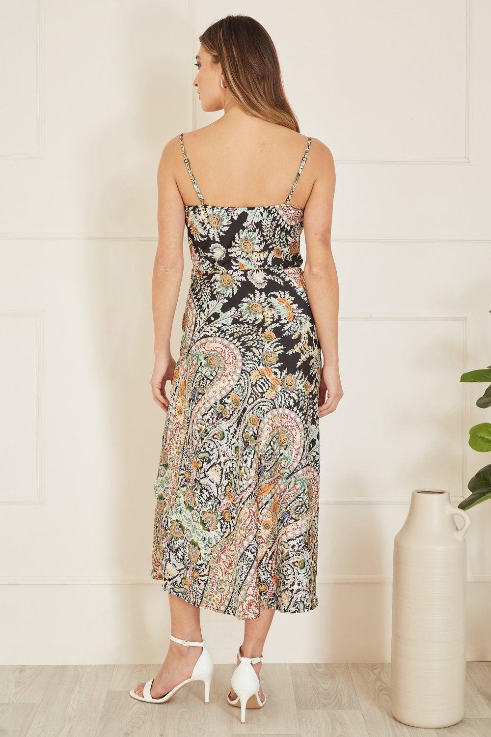 Yumi Black Paisley Print Cowl Satin Slip Midi Dress