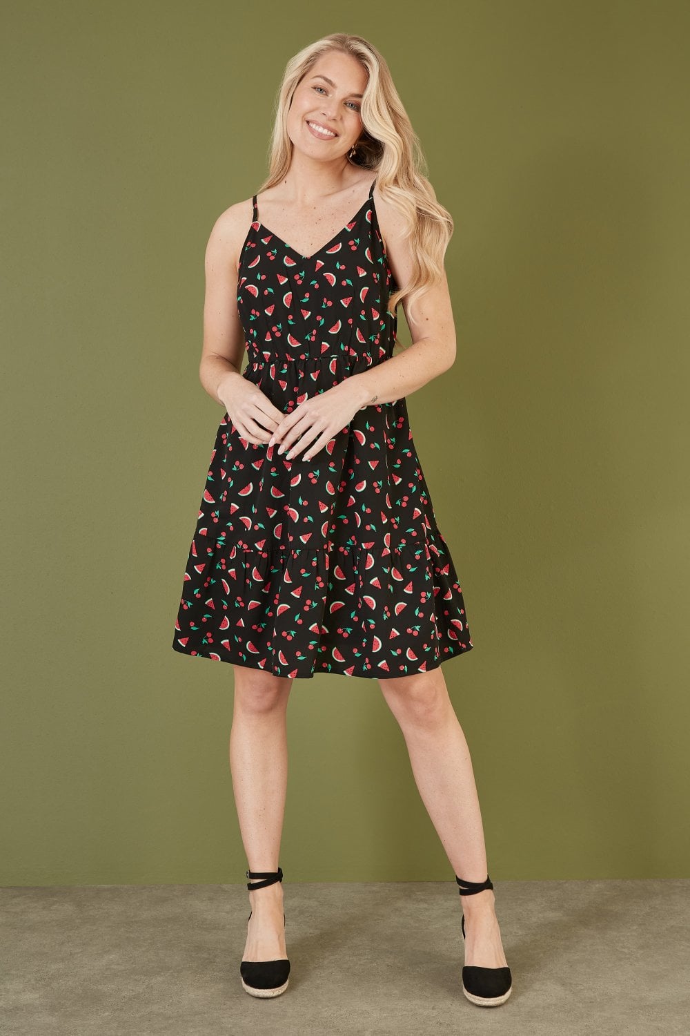 Yumi Black Recycled Fabric Watermelon Print Sundress