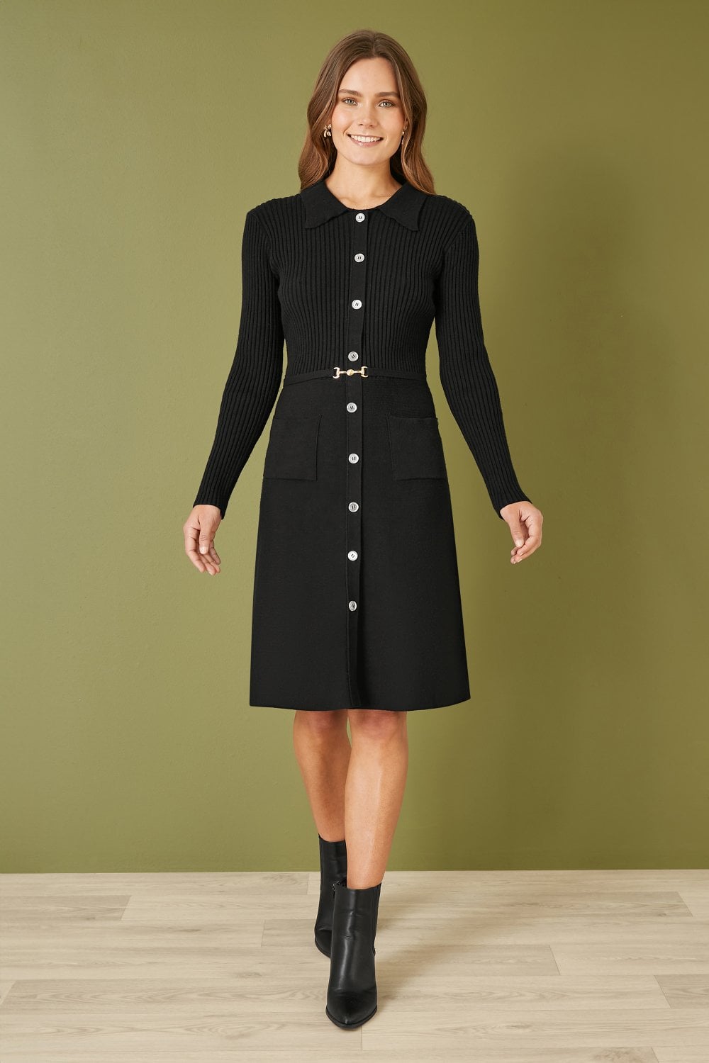 Yumi Black Rib Knit Midi Shirt Dress With Snaffle Belt